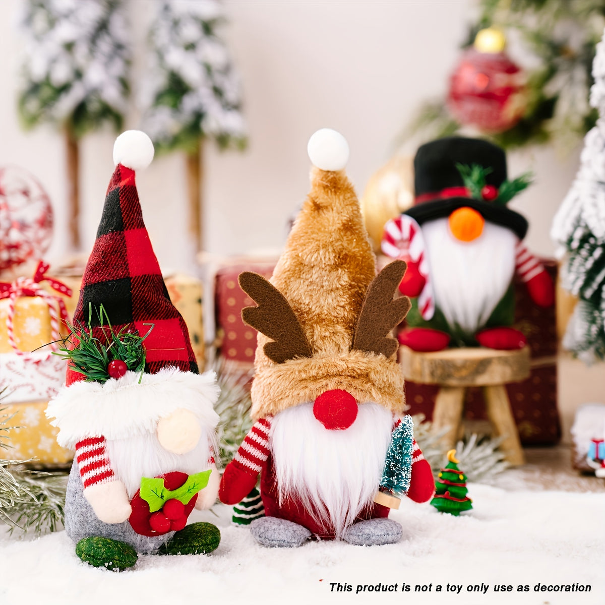 3Pcs Christmas Decorations, Plaid Hats, Forest Elderly Decorations, Deer Antler Dwarf Rudolf Dolls, Christmas Decorations, Elegant Decorative Tabletop Faceless Dwarf Standing Dolls, Creative Decorative Doll Tabletop Decorations