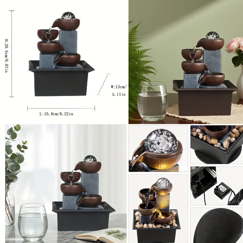 New Desktop Fountain, 4-Level Desktop Waterfall, Meditation Fountain, Indoor Fountain, Office And Home Relaxation, Desktop Fountain Pool, LED Lights, Fixed Decorative Bubble Balls (With Natural River Stone Decoration Included)