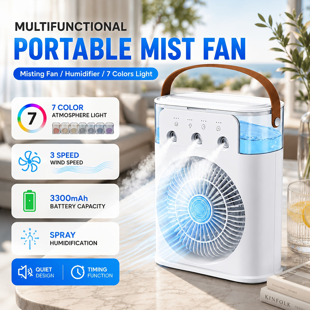 Portable USB Mist Fan With A Powerful 3300mAh Rechargeable Battery, Three Wind Speeds And Two Mist Modes, Comes With A Seven-color LED Mood Light And Timer Function, Perfect For Bedrooms, Offices, Dorms, And Camping To Help Ease The Summer Heat.