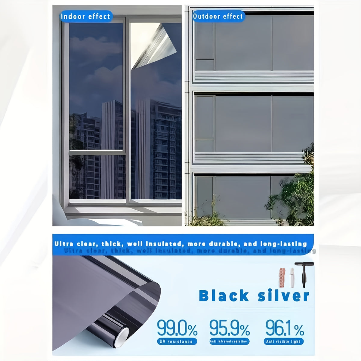 Large One-Way Privacy Window Film for Home And Office Windows. Features Electrostatic Adhesion - No Glue Required - And Provides Protection, Sunshade, And Heat Insulation. Holiday Decorations. Bonus Gifts: Spray Bottle, Measuring Tape, And Squeegee