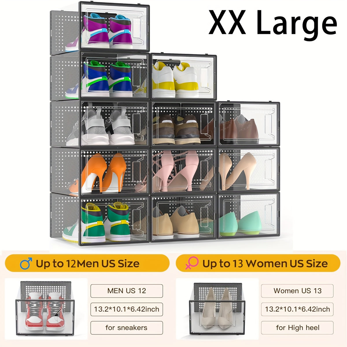 12 Pack XX Large Shoe Organizer Storage Boxes for Closet, Modular Space Saving Shoe Boxes Clear Plastic Stackable Sneaker Containers Display Case with Lids, Black02