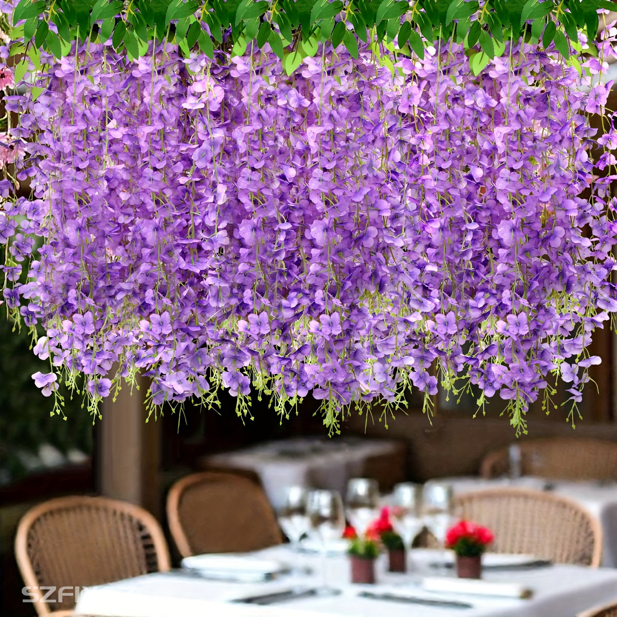 24 Pack (Total 90 Feet) Artificial Fake Wisteria Vine Rattan Hanging Garland Flowers String Home Party Wedding Decor (24, Purple)