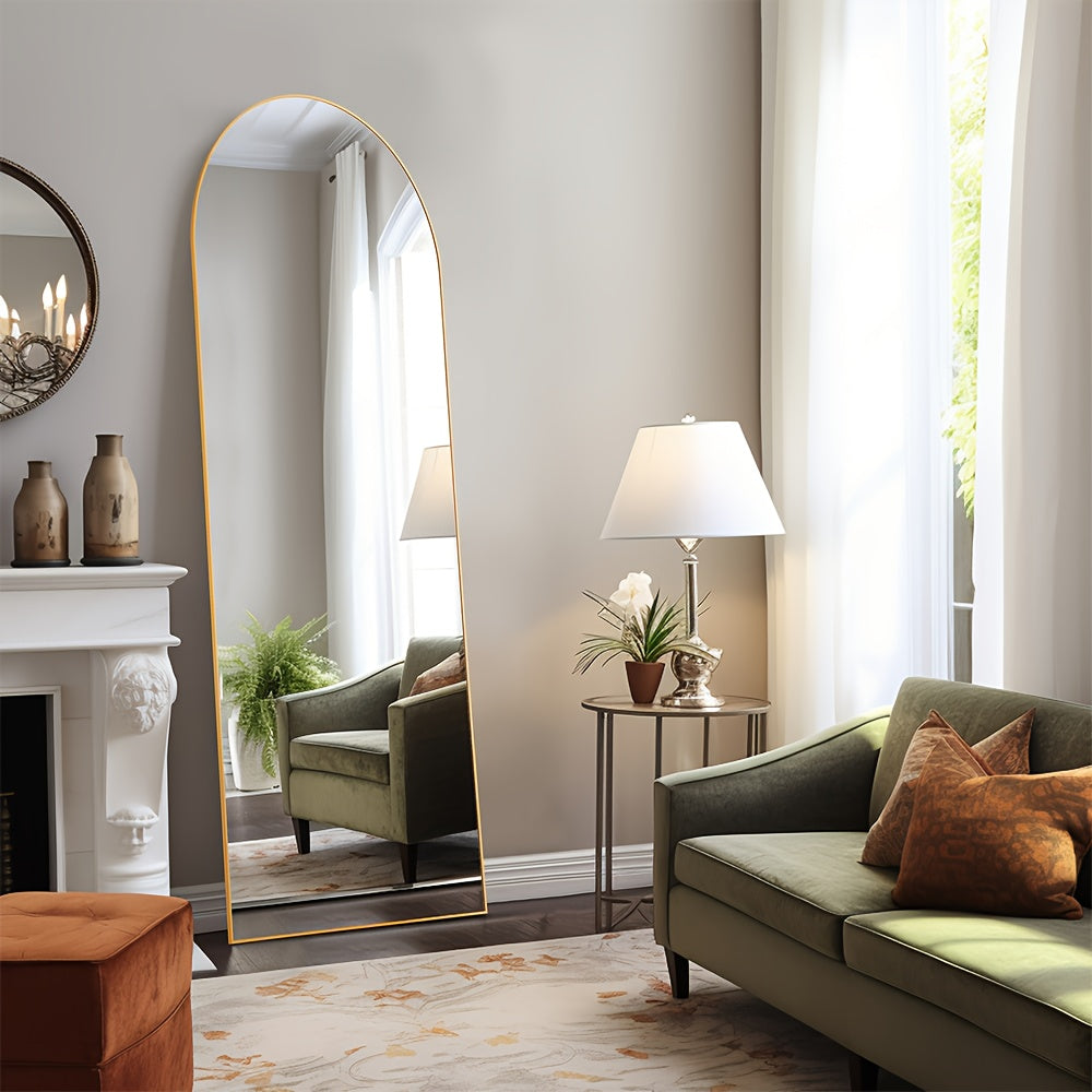 LED Lighted/Not-LED Lighted Full-Length Mirror with Arched/Rect Top - Aluminum Frame Floor-Standing Dressing Mirror for Bedroom & Living Room, Black/Golden/White