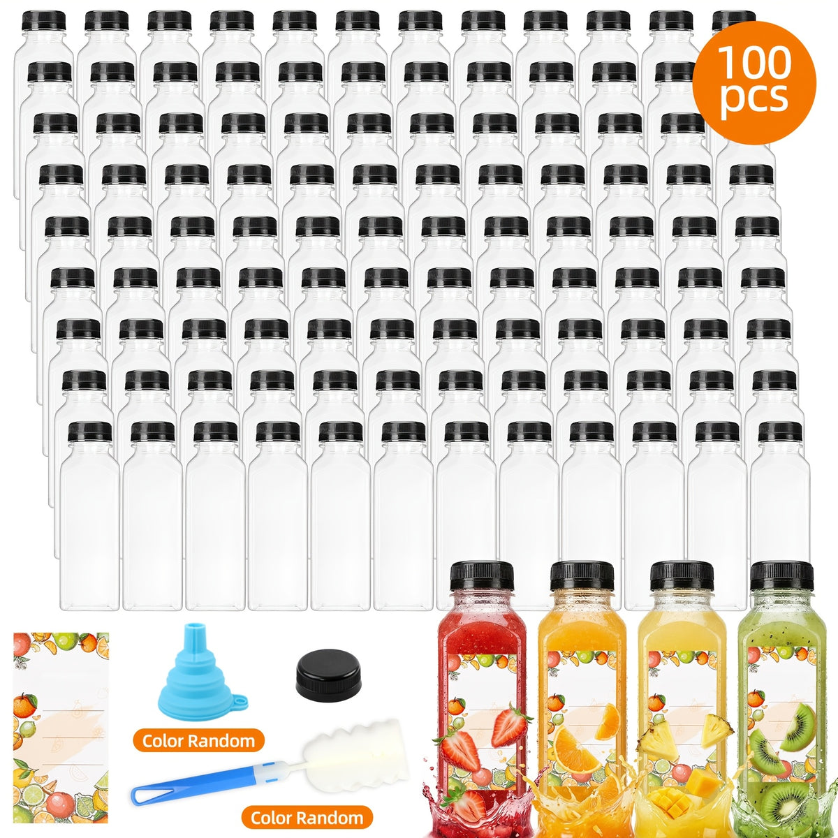 Clear Juice Bottles with Lids and Labels, 12 oz or 16 oz Bulk Beverage Containers with Funnel and Brush for Smoothies, Water and Coffee