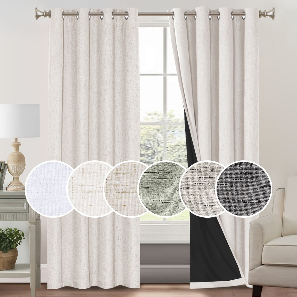 2 Panels 100% Blackout Linen Textured Curtains Thermal Insulated Curtains for Winter Noise Reducing Window Drapes with Grommet for Hall Room Bedroom Living Room PRINCEDECO