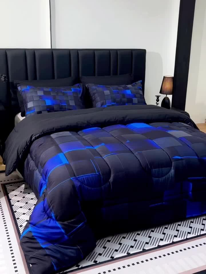 2D Flat Tog 4 3pcs Super Soft Fashion Sense Of Technology Grid Thickening Quilt Set (1 Comforter +2 Pillowcases Without Pillow Core), Contains Padding 180Gsm Quilting Soft Ventilate Digital Printing Bedroom Dormitory At Home Perfect Halloween Gift