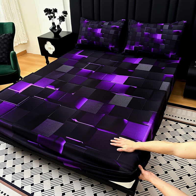 2D Flat 3pcs Cool Technology Digital Printing Material Plaid Fitted Sheet(1pc Bed Sheet+2pcs Pillowcase No Filling)Deep Pocket In 15 Inch At Home Dormitory Suitable for All Seasons Mattress Protector