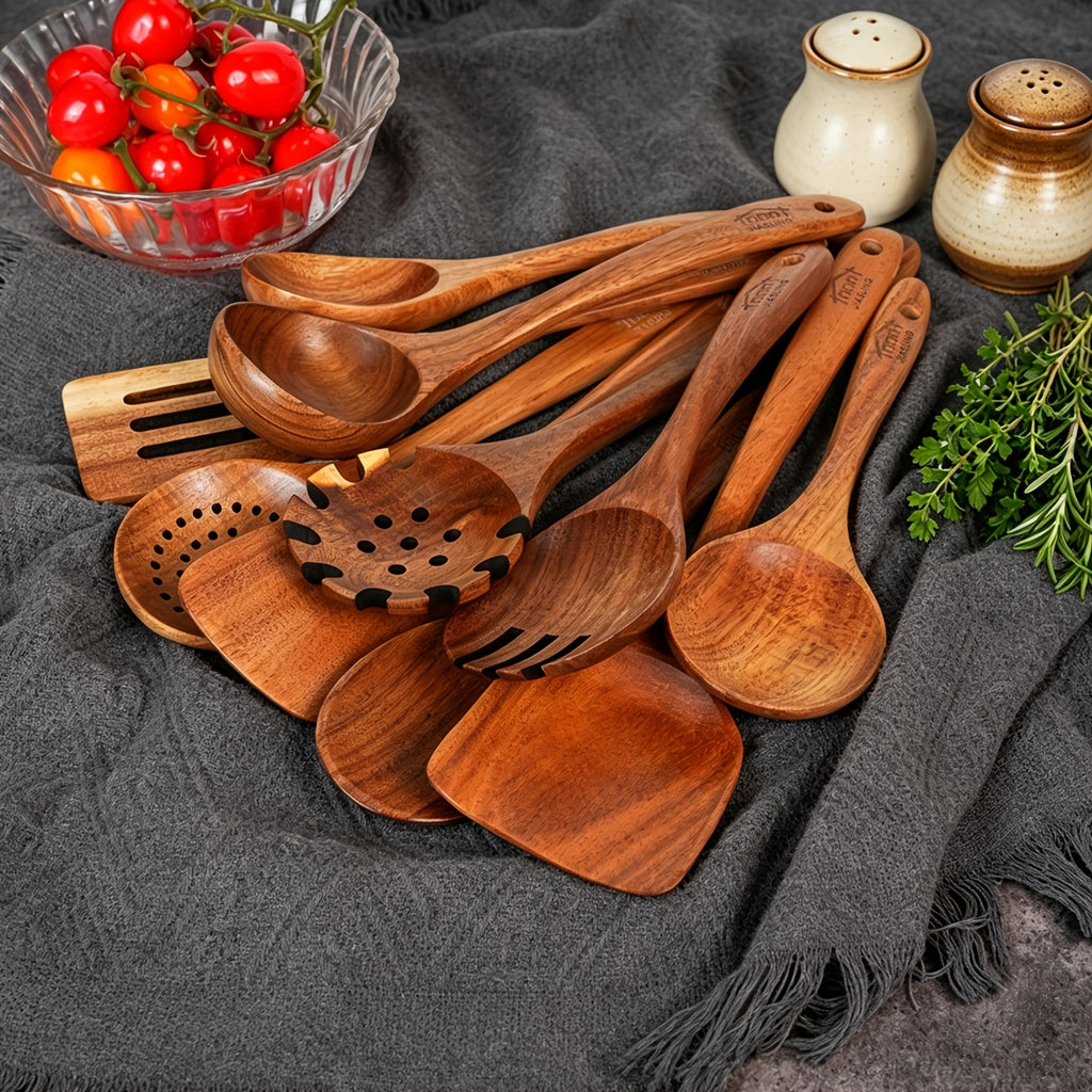 10pcs Wooden Spoons for Cooking, Natural Teak Wooden Kitchen Utensils Set Non-Stick Kitchen Pan Toolset Wooden Utensils for Cooking Wooden Cooking Utensils Wooden Spatulas for Cooking
