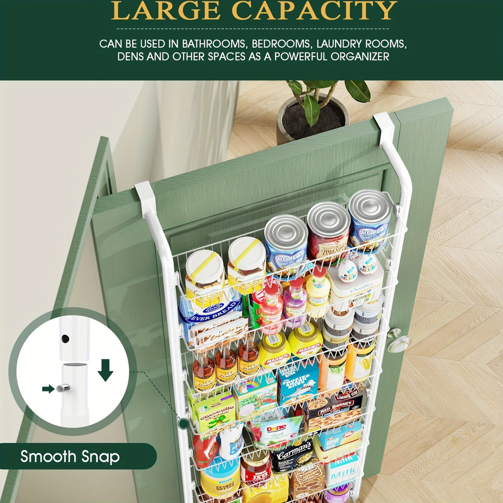 Pantry Door Storage Organizer, 6 or 8 Tier Metal Basket Rack in Black or White for Spices, Snacks, Kitchen Essentials, Laundry and Bathroom Supplies
