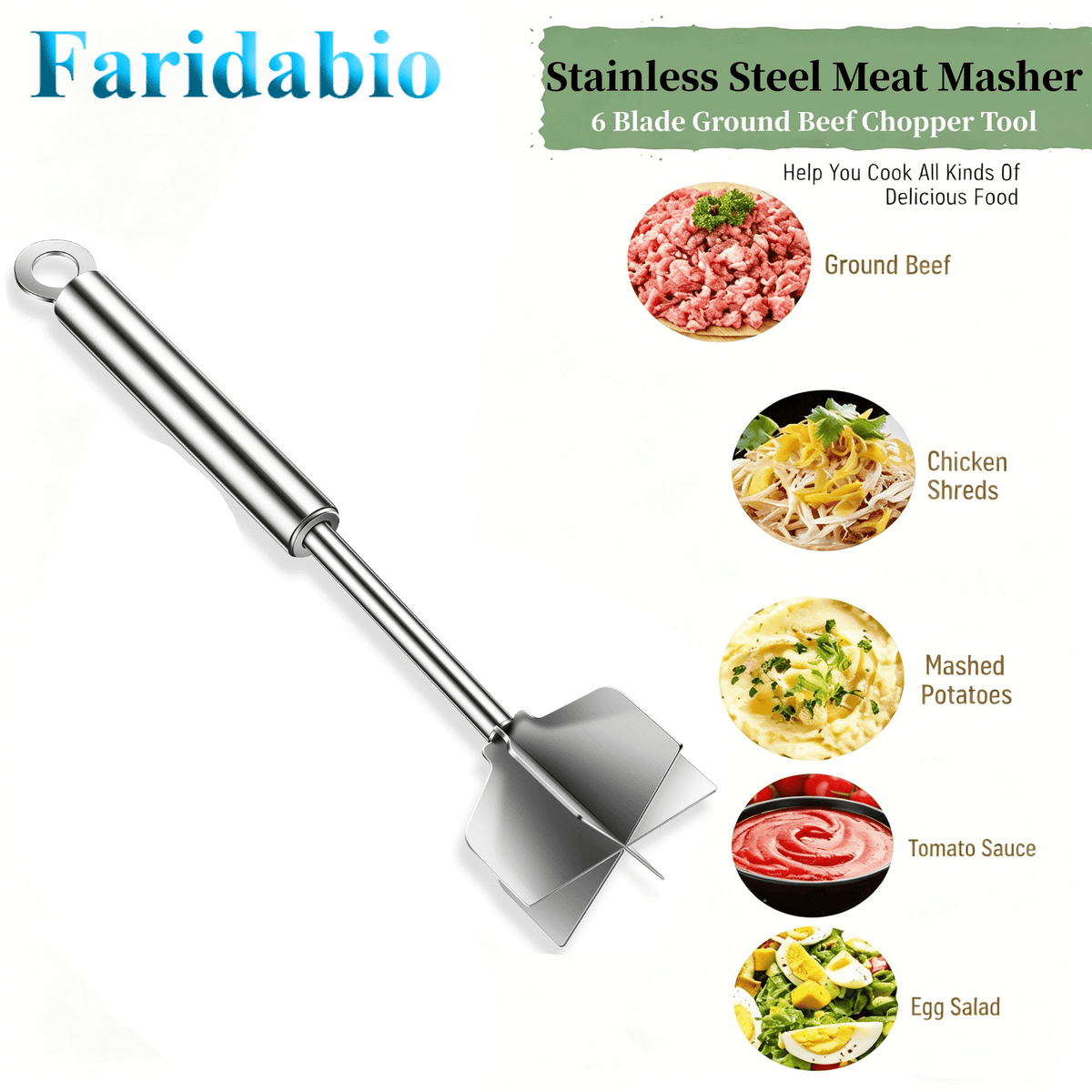 [Stainless Steel Meat Chopper] Meat Chopper 304 Stainless Steel Meat Chopper - With 6 Curved Blades, Heat Resistant Burger Meat Grinder, Non-Stick Mixing Chopper, Ground Beef Mashers, Potato Mashers Tools, Heavy Duty Food Grade Mixer Utensil for Home Meal