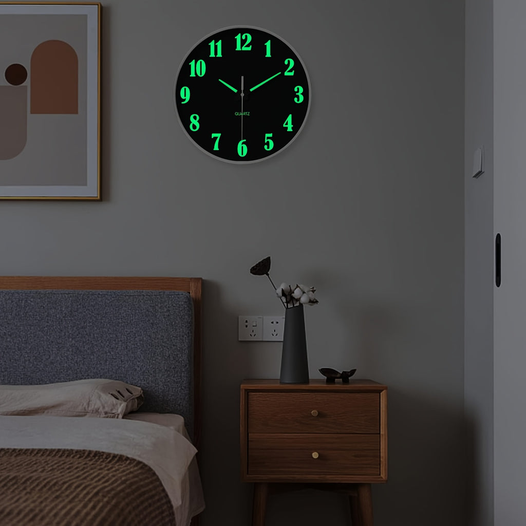 8-16 Inch Modern Black Glow-in-the-Dark Wall Clock, Silent No-Ticking, Battery Powered, Decorative Clock for Living Room, Bedroom, Office & Kitchen, Plastic Frame with High-Transparency Glass Mirror, Perfect Christmas & Housewarming Gift