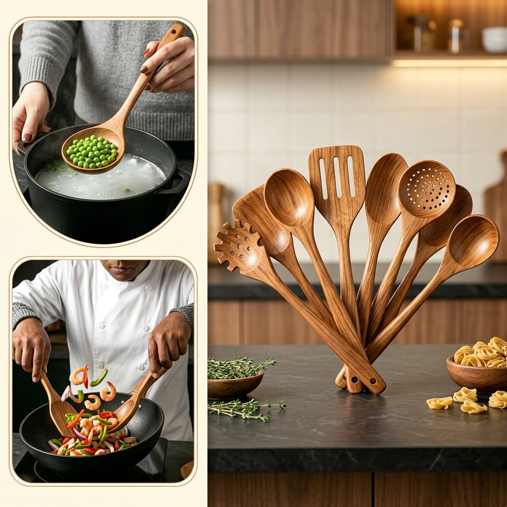 A Set of 10pcs High-Quality Thick-Walled Teak Cookware, Non-Stick Friendly, Heat-Resistant, with Ergonomic Handles, Comfortable Grip, Suitable for Stirring, Baking, Serving And Easy Cooking, 730G/ 1.61Lb