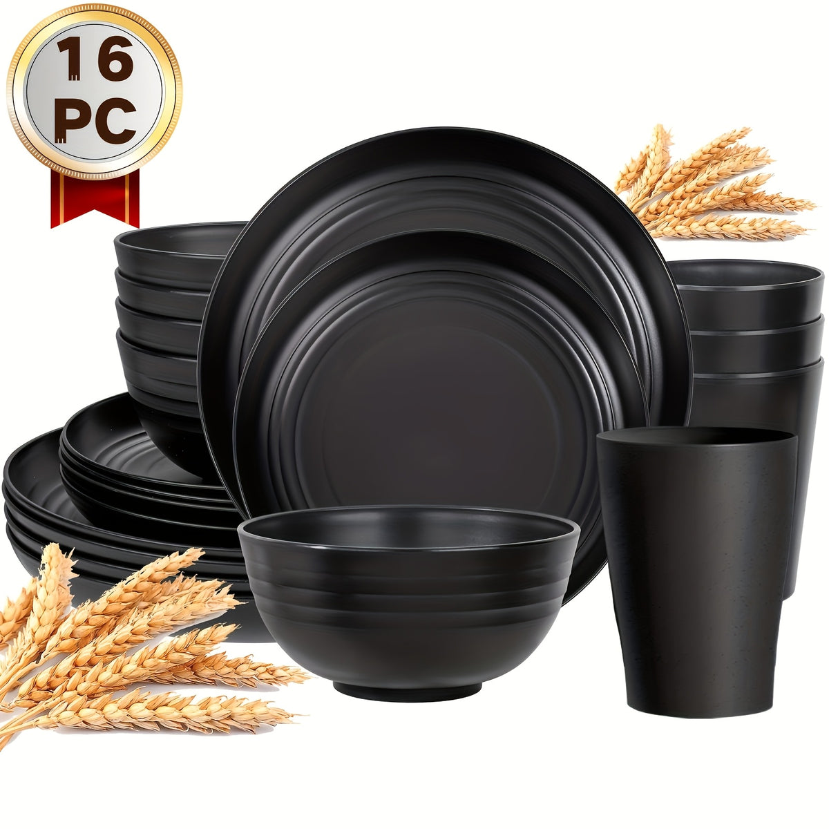 16/32pcs Kitchen Plastic Wheat Straw Tableware Set, 4/8 People, Plates, Dessert Plates, Cereal Bowls, Cups, Unbreakable, Lightweight Shatterproof for Camping/Daily Use/Parties/Weddings, Gift for Halloween/Christmas, Local Warehouse Item