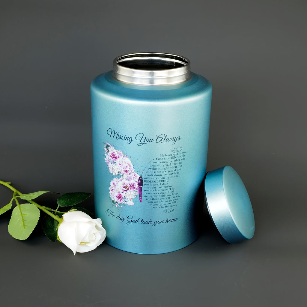 Large Stainless Steel Cremation Urn for Adult Ashes - Holds Up to 220 lbs, Decorative Butterfly Design with Velvet Pouch, Screw Lid & Seal Ring for Secure Storage, Memorial Keepsake | Elegant Text Design | Velvet Pouch Included