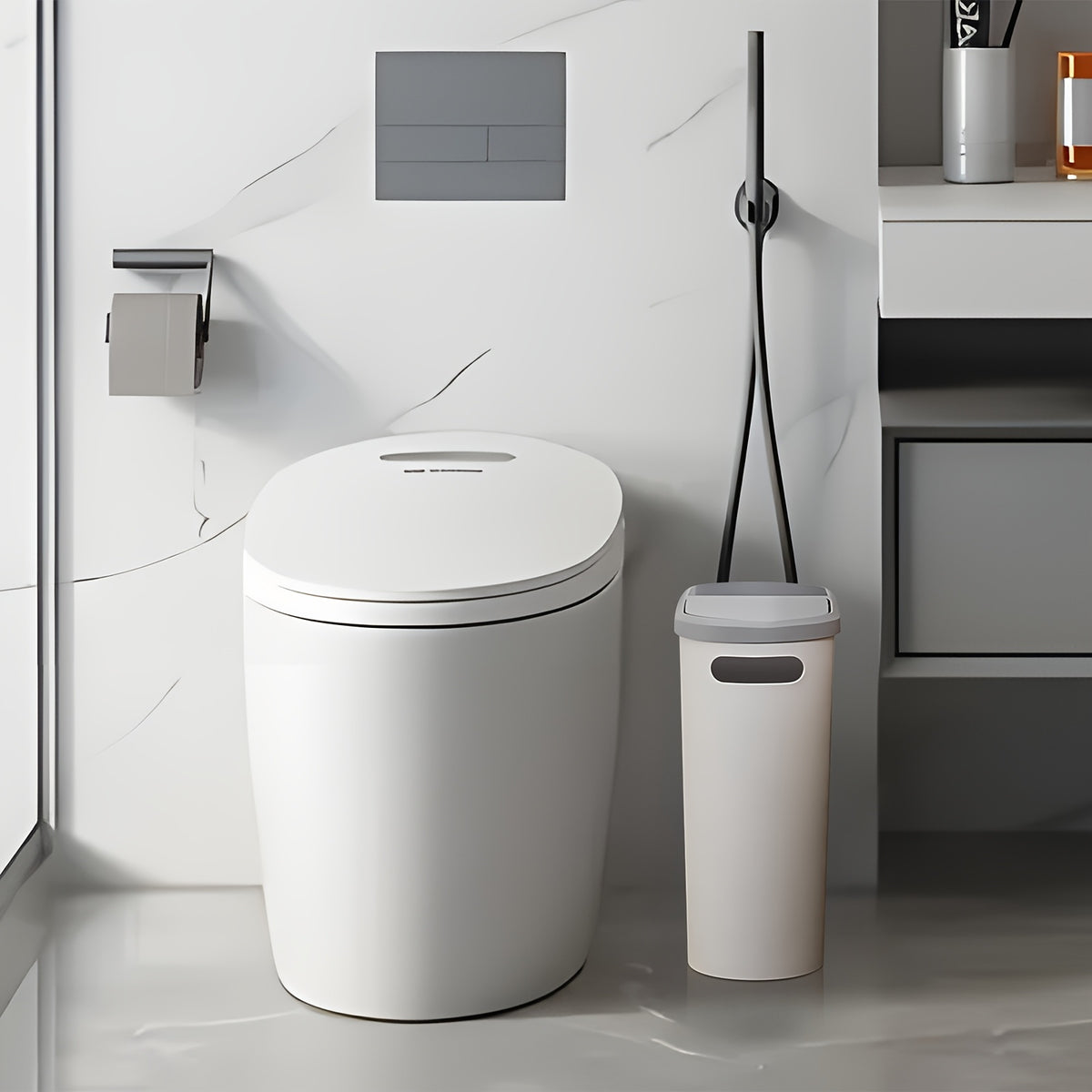 2/1pc Bathroom Trash Can, Compact And Durable Plastic Wastebasket With Built-in Handles, Easy To Clean, Rustproof, Space-Saving Design, Ideal For Small Spaces In Bathroom, Laundry, And Home Office