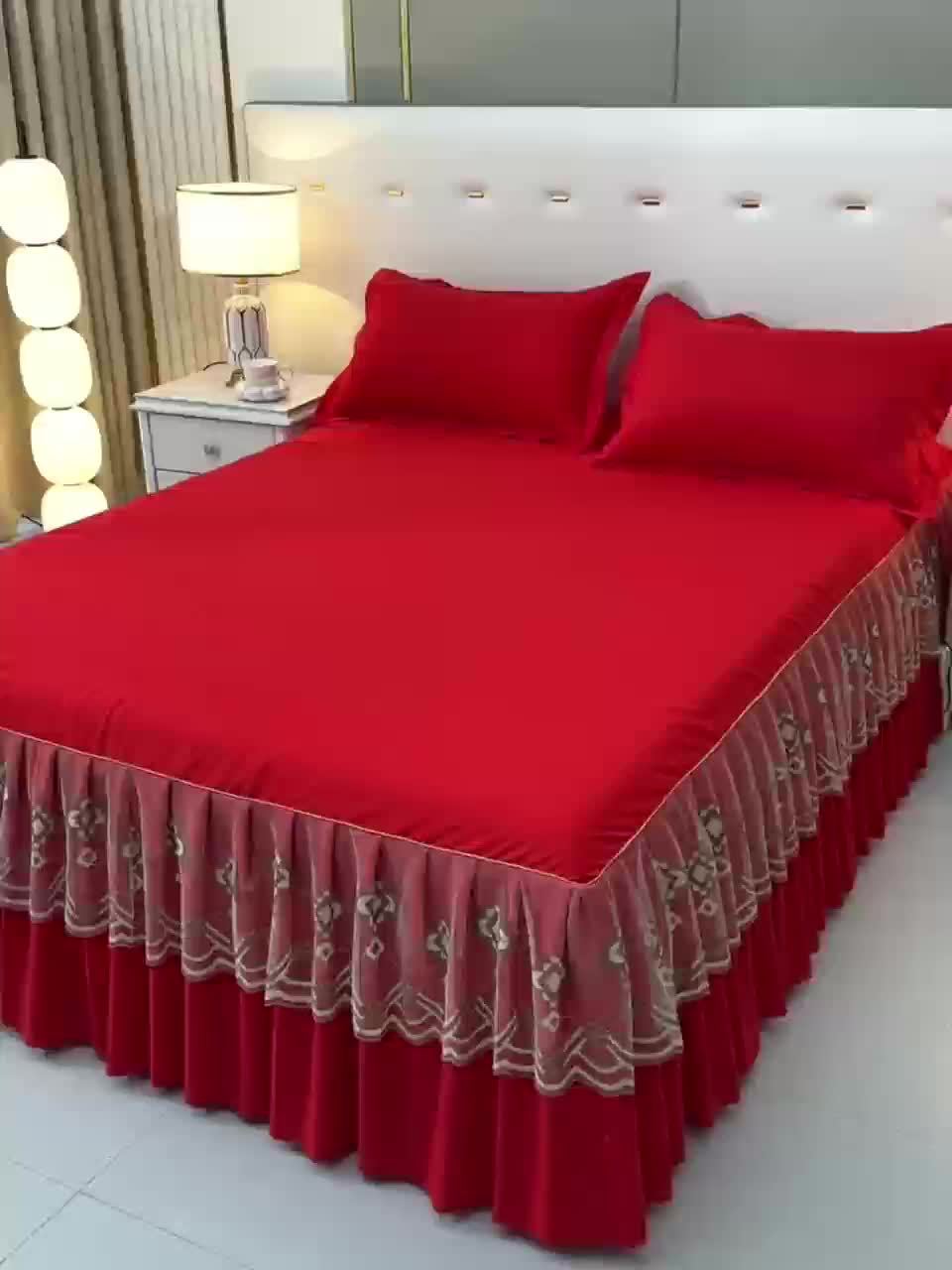 3pcs Macrame Bed Skirt Set (Bed Skirt *1+ Pillowcase*2, Without Core), Solid Color Double Layer Lace Bed Skirt All Seasons Universal Non-Slip Bedding