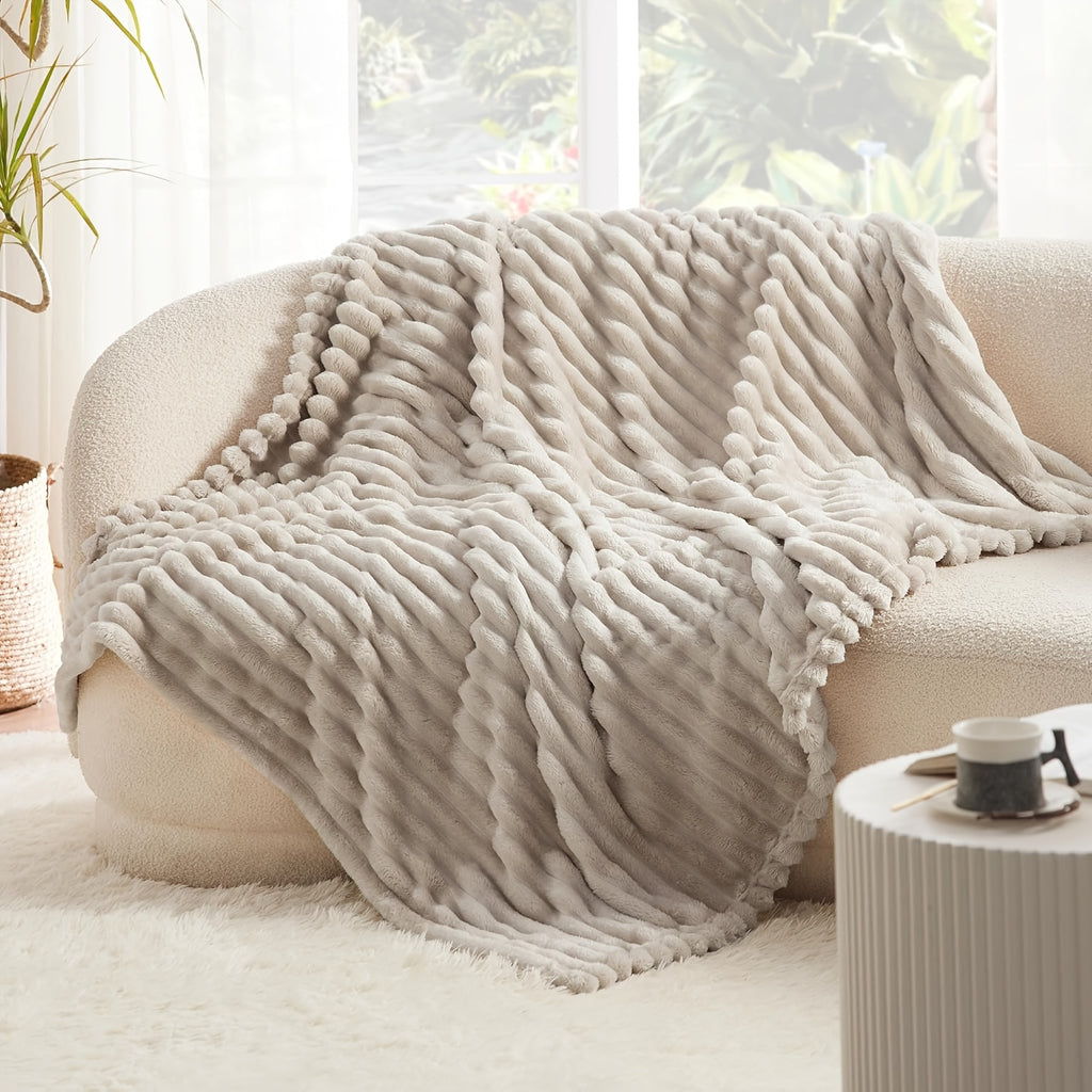 Luxurious Double-Sided Faux Rabbit Fur Throw Blanket - Cozy Striped Flannel, Soft And Warm for Naps, Office, Camping, Sofa - Versatile Polyester Bed Cover, Perfect Christmas Gift