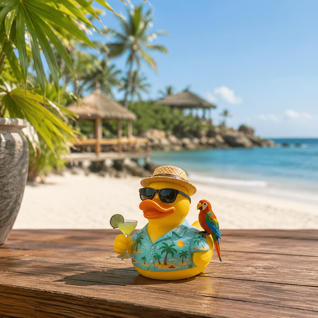 Cocktail Beach Duck, Special Summer Edition. Exquisite Craft Ornament. Perfect for Outdoor Scenes, Pool Parties, Beach Parties, Hawaiian Styles Seaside Vacations. Ideal Decor for Summer-Themed Shoots And Thoughtful Seasonal Gifts