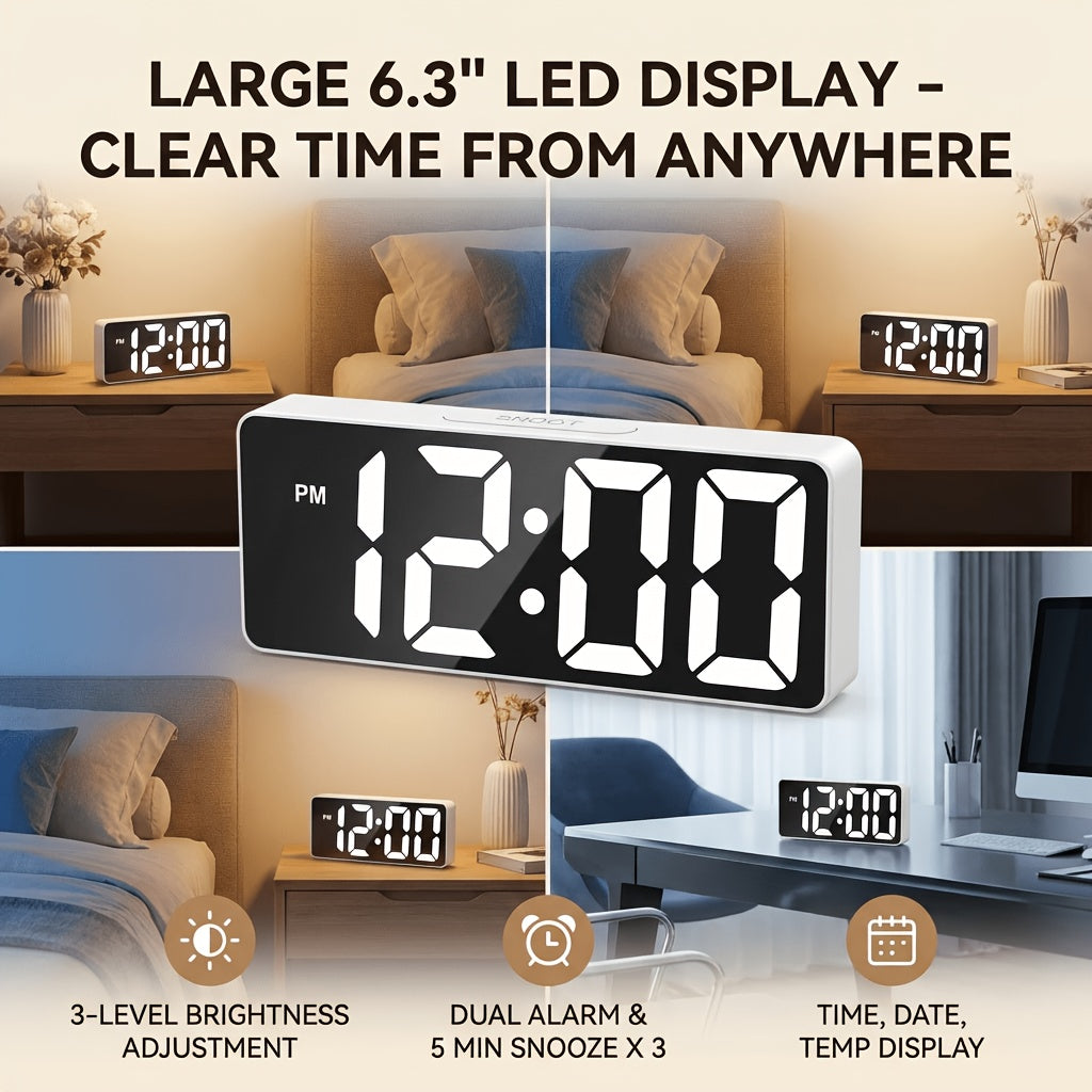 Latest Fashion Digital Clock, LED Alarm Clock for Bedroom, with Mirror, Shows Temperature And Day of The Week, Large Display Electronic Desk Clock, Adjustable Brightness, 12/24 Hours, Small Bedroom Alarm Clock, Christmas Gift Decoration