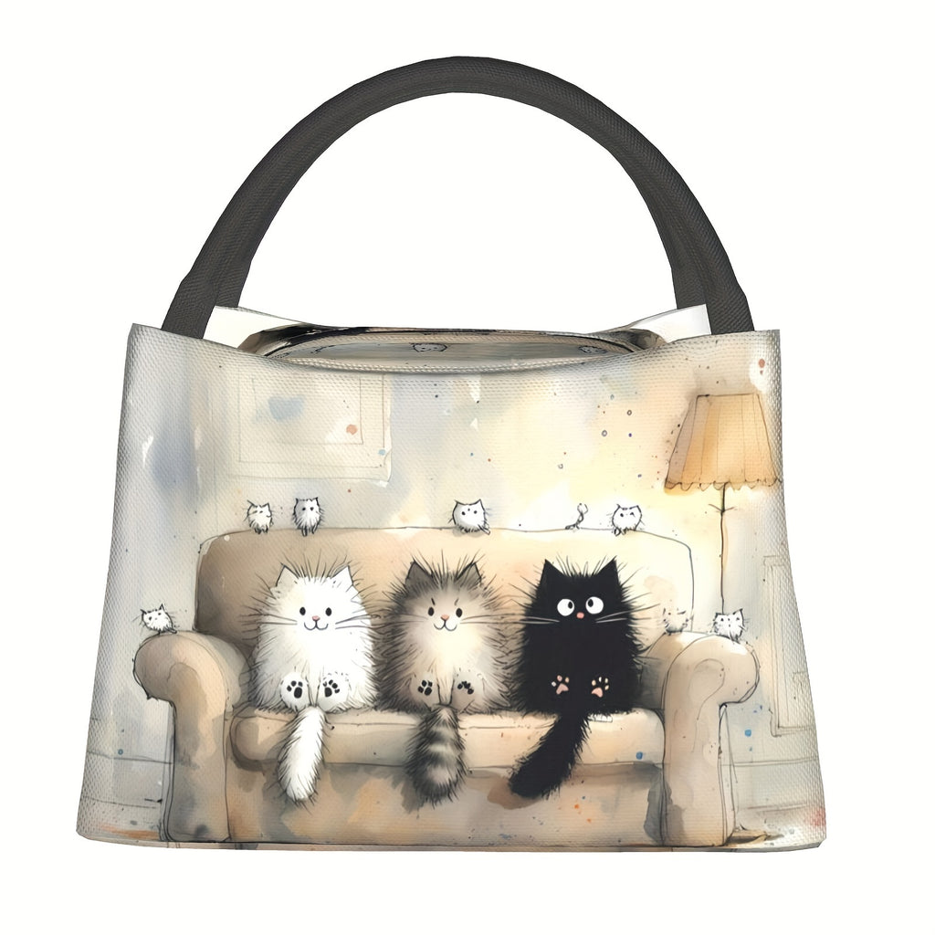 Adorable Feline Design Insulated Lunch Tote - Rectangular Polyester Bag Featuring an Animal Motif, Easy to Clean by Hand, Portable And Reusable Cooler Suitable for Picnics, Beach Outings, Hiking, Work (non-food contact)