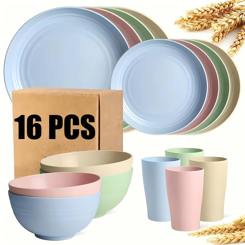 16pcs/32pcs Kitchen Wheat Straw Large Size Dinnerware Set, for 4/8, Unbreakable Modern Dish Set Dinner Plate/Dessert Plate/Cereal Bowl/Cup, Dishwasher Safe, Lightweight Tableware, Camping And Everyday Use, Gifts for Men/Women/Christmas/Halloween