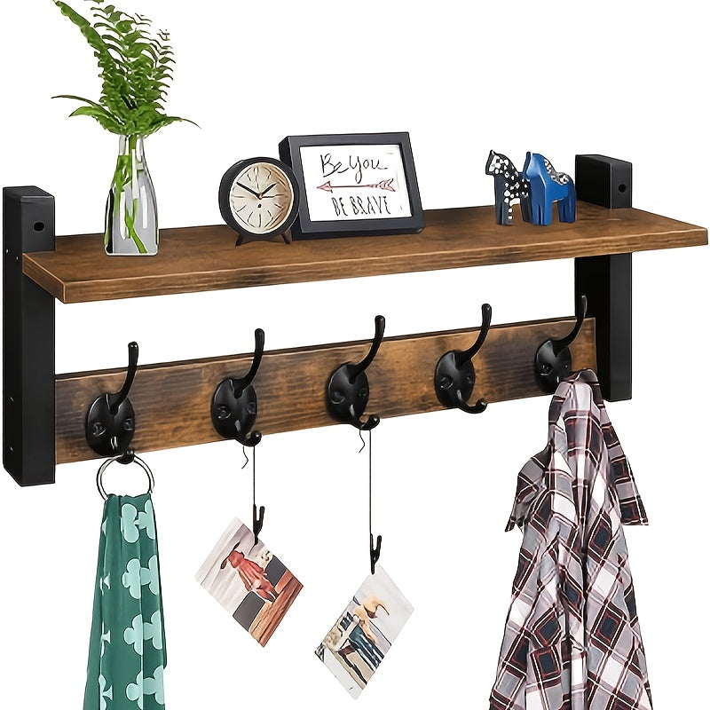 Wooden Wall-Mounted Shelf - Coat And Key Organizer with Floating Shelf And 5 Hooks, Key Rack for Bedroom And Entryway Storage, Towel Organizer for Bathroom, Suitable for Kitchen, Living Room, Bedroom, Bathroom