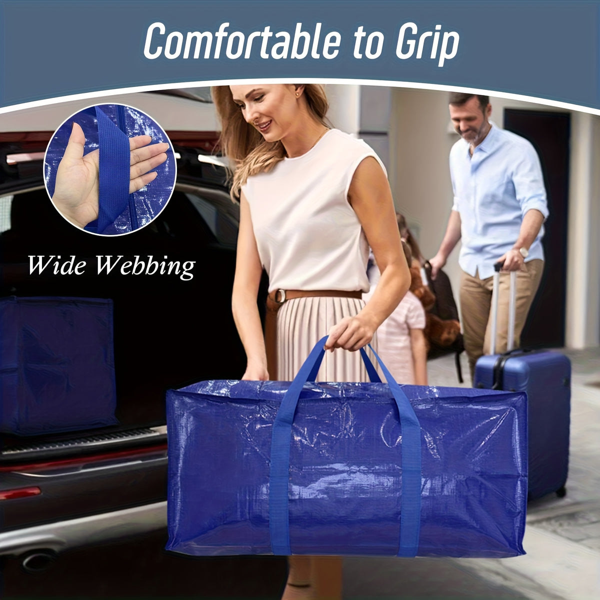 6/2 Pack Extra Heavy Duty Large Moving Bags with Strong Zipper And Comfortable Handles, Sturdy And Durable Clothes Storage Bags Totes Bins, Packing Moving Boxes for College Supplies, Blue
