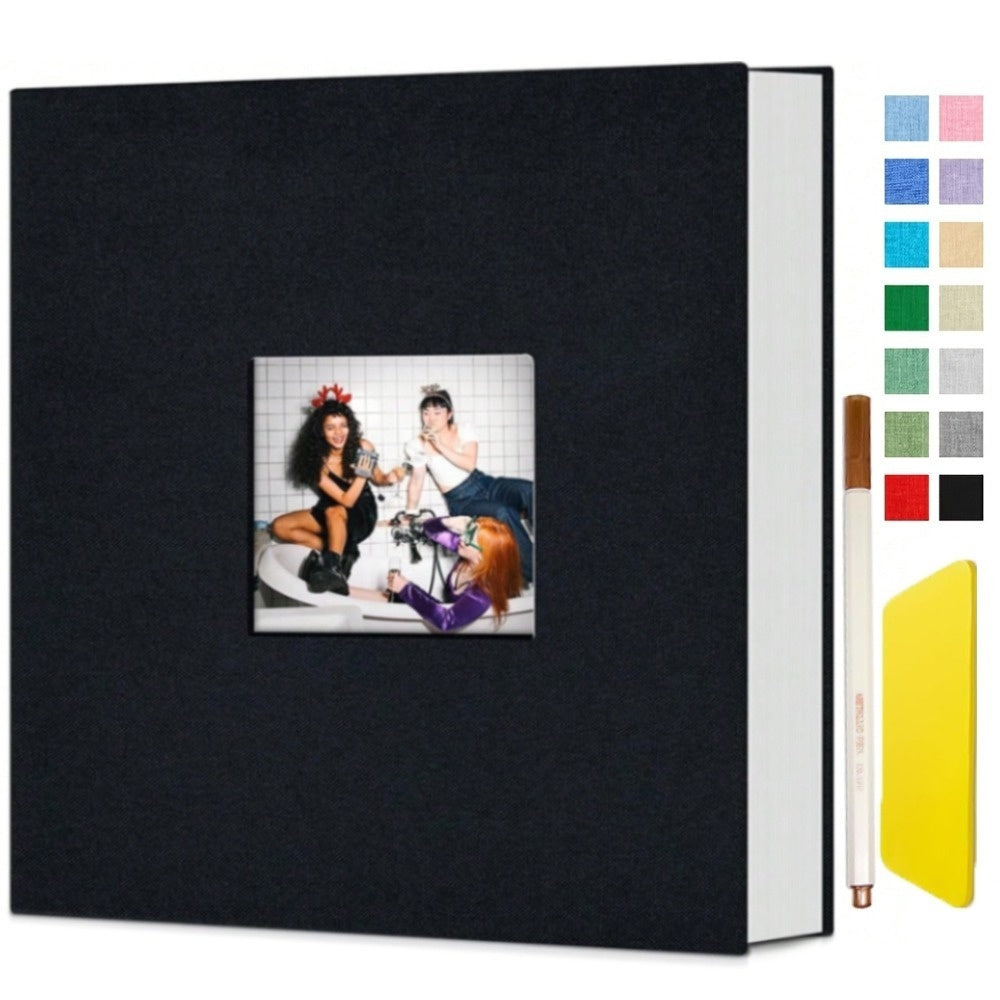 11.5*10.6in Photo Album Self Adhesive With Picture Display Window, 40/ 60 Pages Baby Memory Book For 4x6 8x10 Picture, Linen Cover Scrapbook For Wedding, Back To School Gifts, With Scraper And Two Metallic Pens Valentines Day Gifts