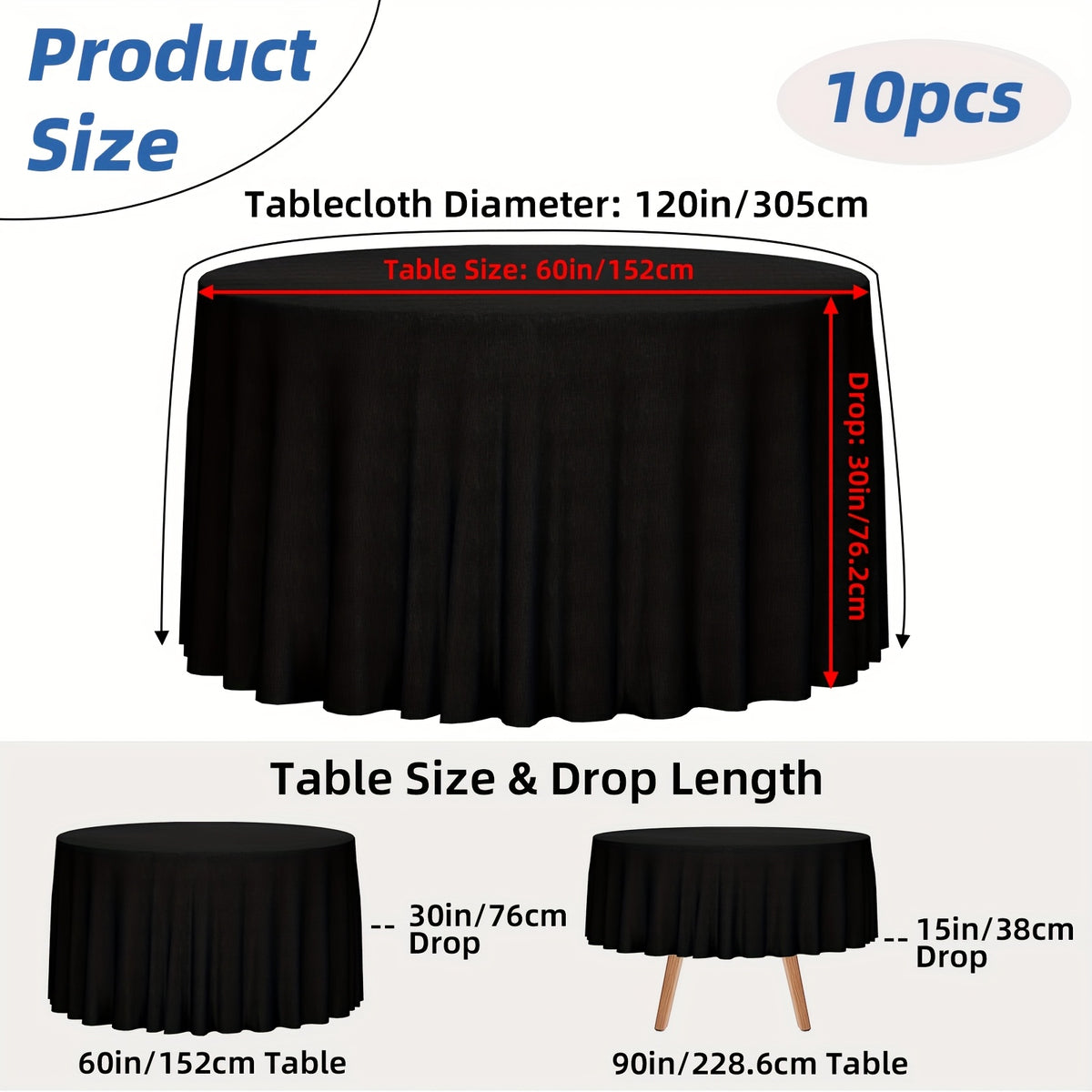 WHONLINE 6/10pcs Round Tablecloth 90/120 Inch, White/Black, Table Cloth, Washable Polyester Table Cover for Dining Tables, Buffet, Parties And Camping, for Weddings, Graduation, Summer Party