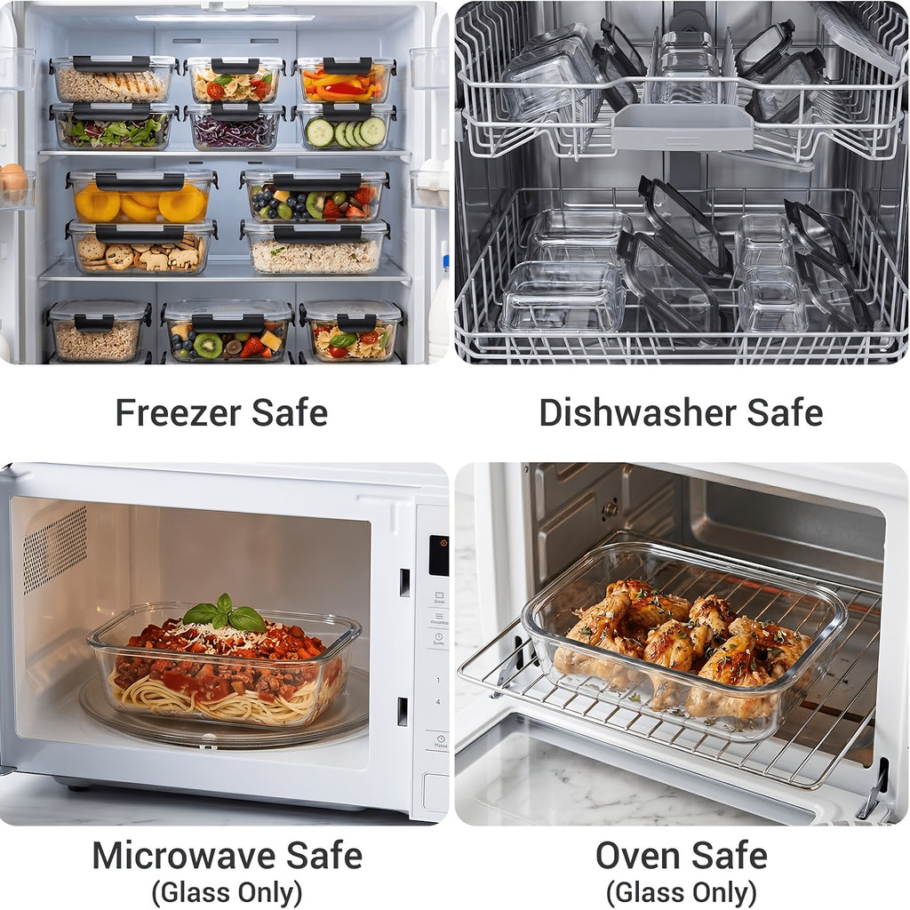 16pcs Airtight Glass Food Storage Containers, Outdoor Picnic, Lunch Box, Microwave, Oven Safe - Perfect For Salad, Fruit, Vegetables And Sandwiches, Lunch Box | Airtight Storage | Durable Glass, Food Storage Containers (8 Lids + 8 Containers)