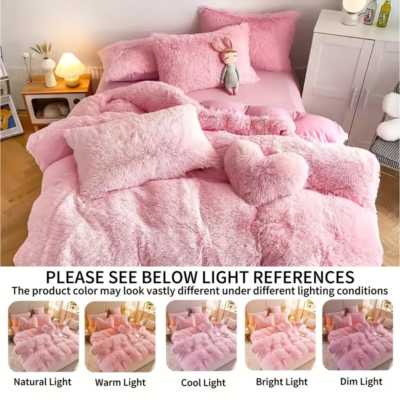 3/4pcs Plush Faux Fur Comforter Cover Set for Kids & Teens - Includes Pillowcases + Plush Heart Pillow - Twin/ Queen/ King Sizes - Super Soft, Warm, Machine Washable (Duvet Cover Only, No Comforter)