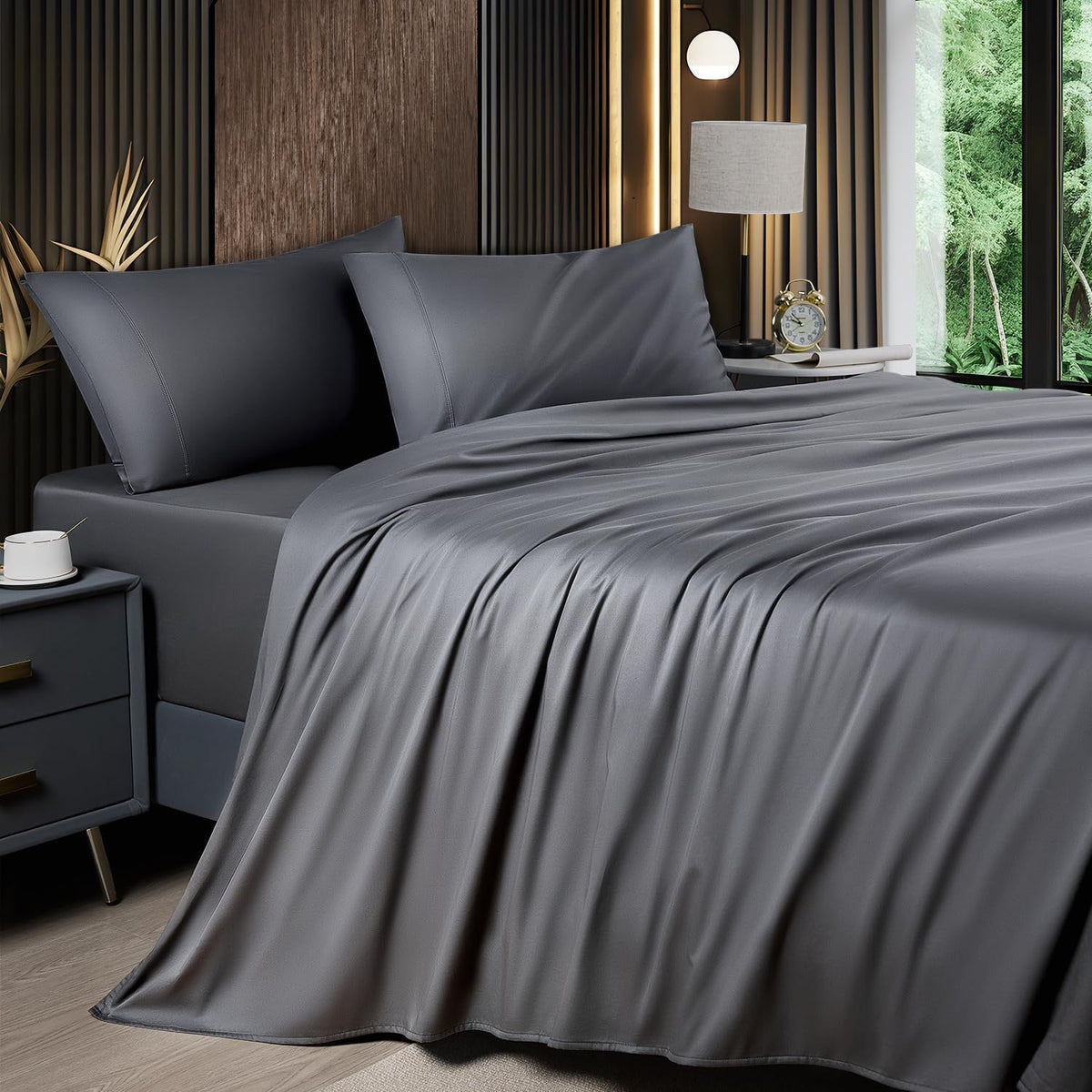 4pcs 2200TC Cooling Bamboo Bed Sheet Set Summer Chill Collection-16" Deep Pocket - Ultra Soft Luxury Bedding W/ Flat Sheet, Fitted Sheet & Pillowcases (Beat The Hea Stay Cool All Night) Queen Size Sheet Set Breathable Sheets Sets Queen Size Gifts