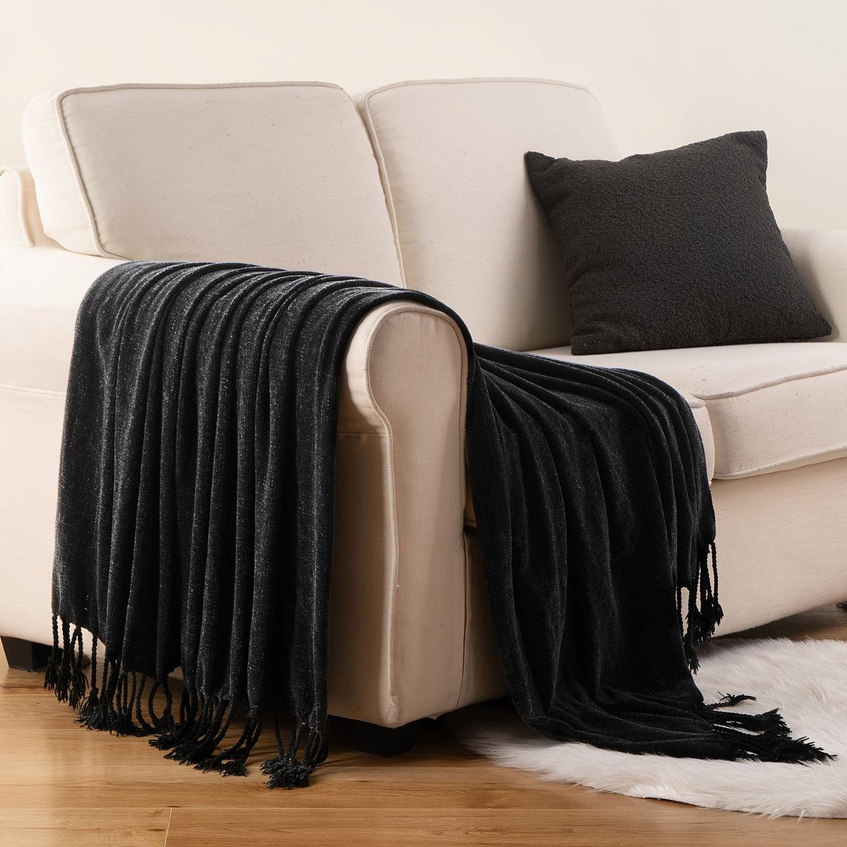 Decorative Fringe Velvety Throw Blanket for Sofa Home Decor, Chenille Throw Blanket for Couch, 50"x60"