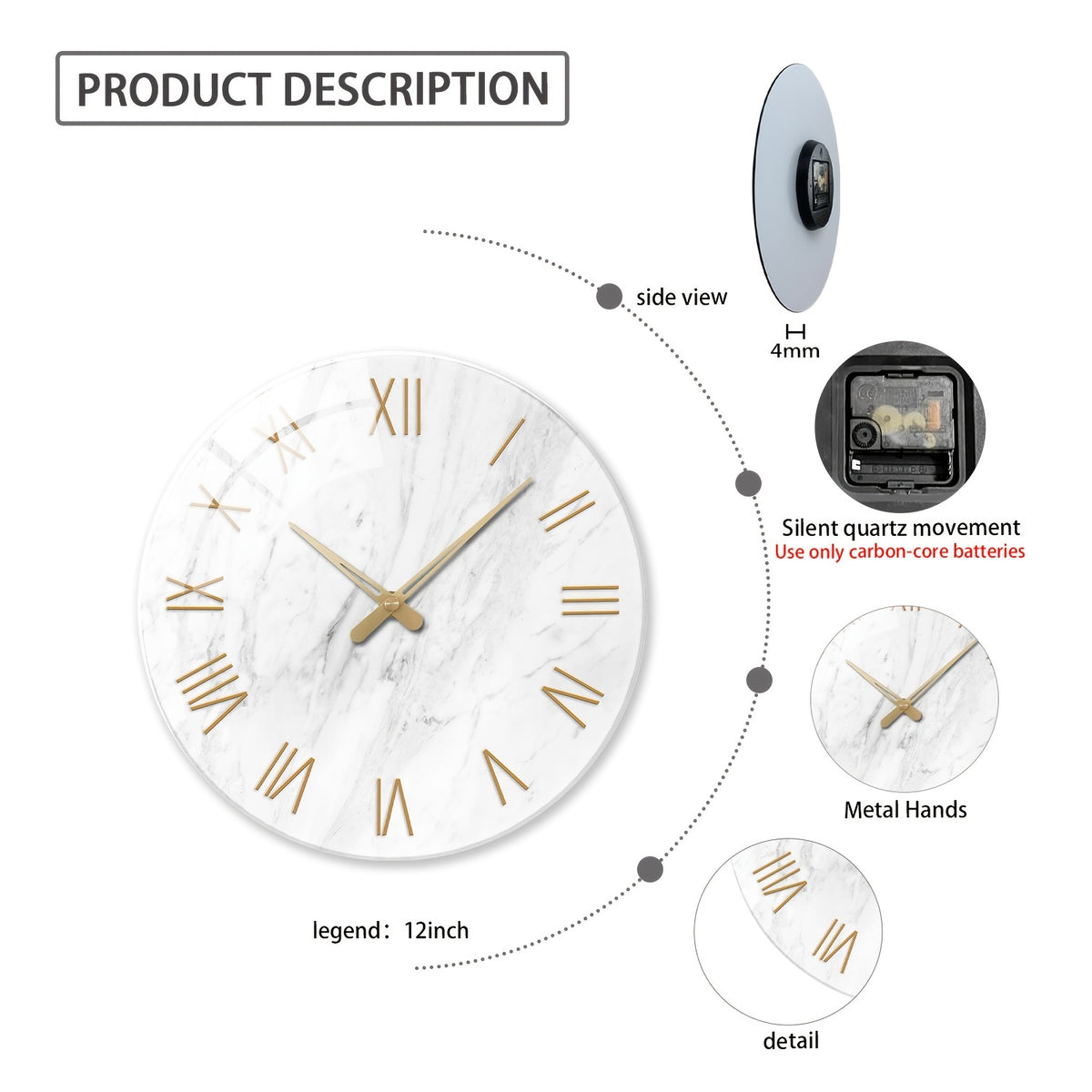Modern White Tempered Glass Large Wall Clock - 4mm Thickened, 12-24 Inch Marble Texture Silent Clock, Large Size, Battery Powered, Handcrafted, Suitable For Living Room, Aesthetic Room, Bedroom, Office Decorative Clock, Ideal Gift
