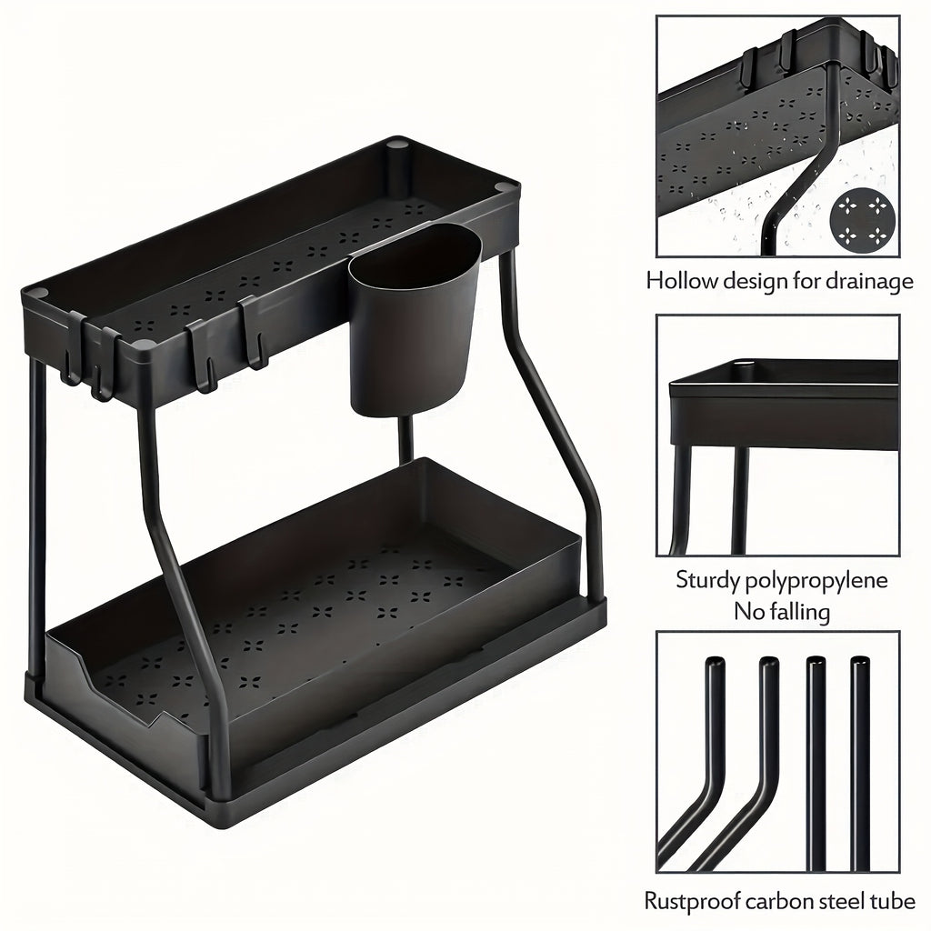 2pcs Under Sink Organizer with Sliding Shelves Multi-Purpose Black Plastic Storage Basket for Bathroom And Kitchen Cabinet Durable Construction Bathroom Organizer