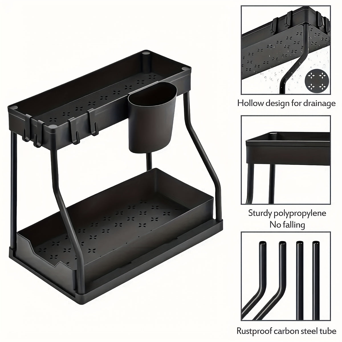 2pcs Under Sink Organizer with Sliding Shelves Multi-Purpose Black Plastic Storage Basket for Bathroom And Kitchen Cabinet Durable Construction Bathroom Organizer