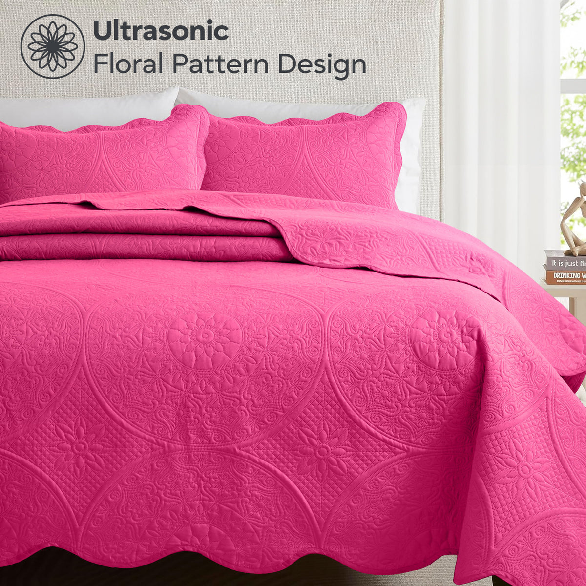 3pcs Luxury Quilted Bedspread Set – Oversize Quilt Coverlet Soft & Cozy Floral Bedspread with Pillow Shams, Breathable Lightweight for Bedroom & Guest Room Decor
