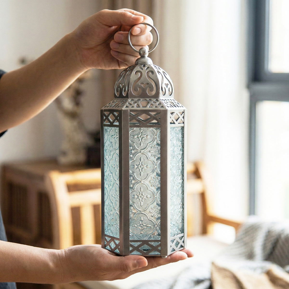 Decorative Moroccan Candle Lantern Holder, Medium, 10.5" Tall