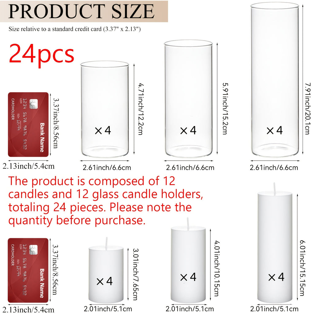 White Pillar Candles with Clear Glass Hurricane Holders- Elegant Cylinder Candle Vases for Weddings, Parties, Centerpieces, Home & Office Decor