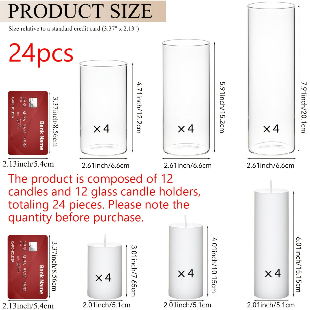 White Pillar Candles with Clear Glass Hurricane Holders- Elegant Cylinder Candle Vases for Weddings, Parties, Centerpieces, Home & Office Decor