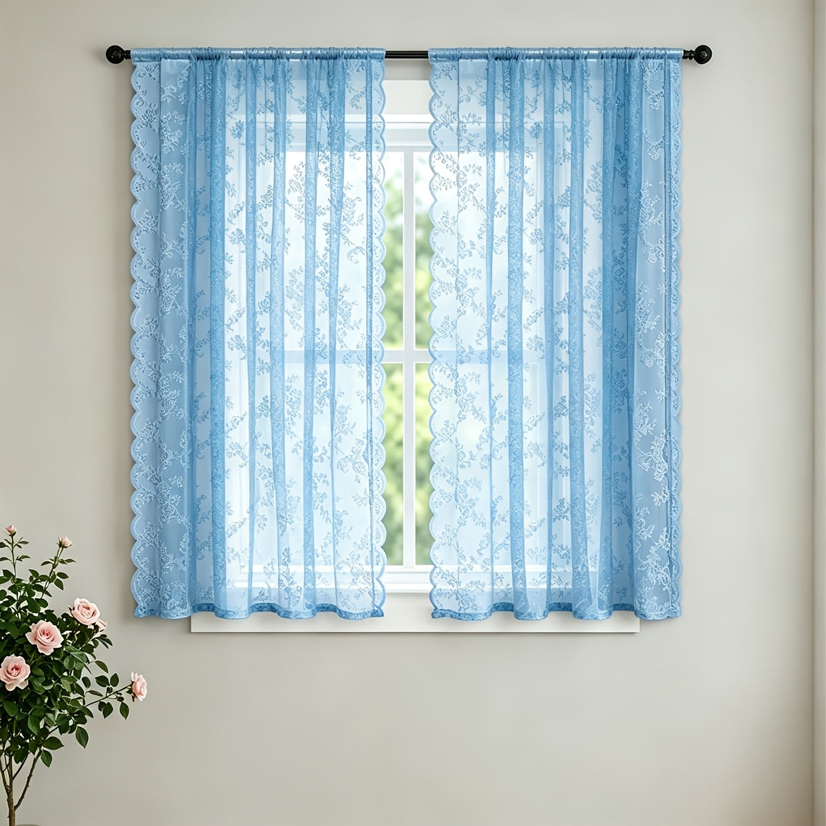 Set of Two White Lace Curtains with Floral Designs, Featuring a Bohemian Style And Semi-Transparent Fabric That Filters Sunlight. Suitable for All Seasons