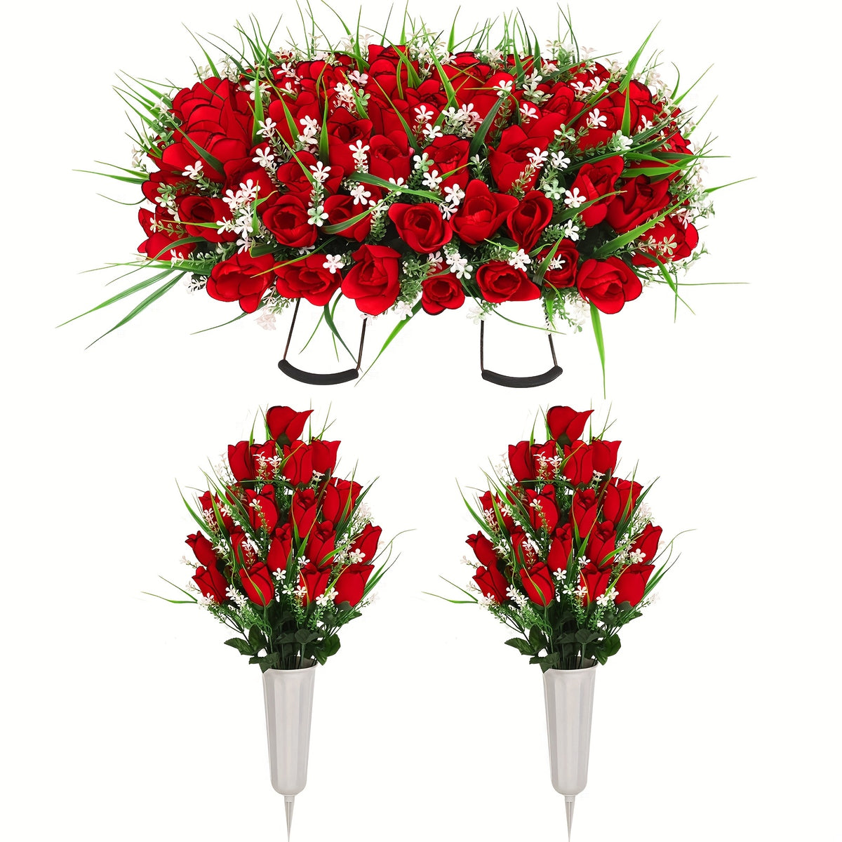 1/2/3pcs Artificial Cemetery Flower For Grave With Saddles, Artificial Silky Rose Flowers And Bouquets With Vases, Memorial Day Flowers For Cemetery, Outdoor Grave Headstones Decoration