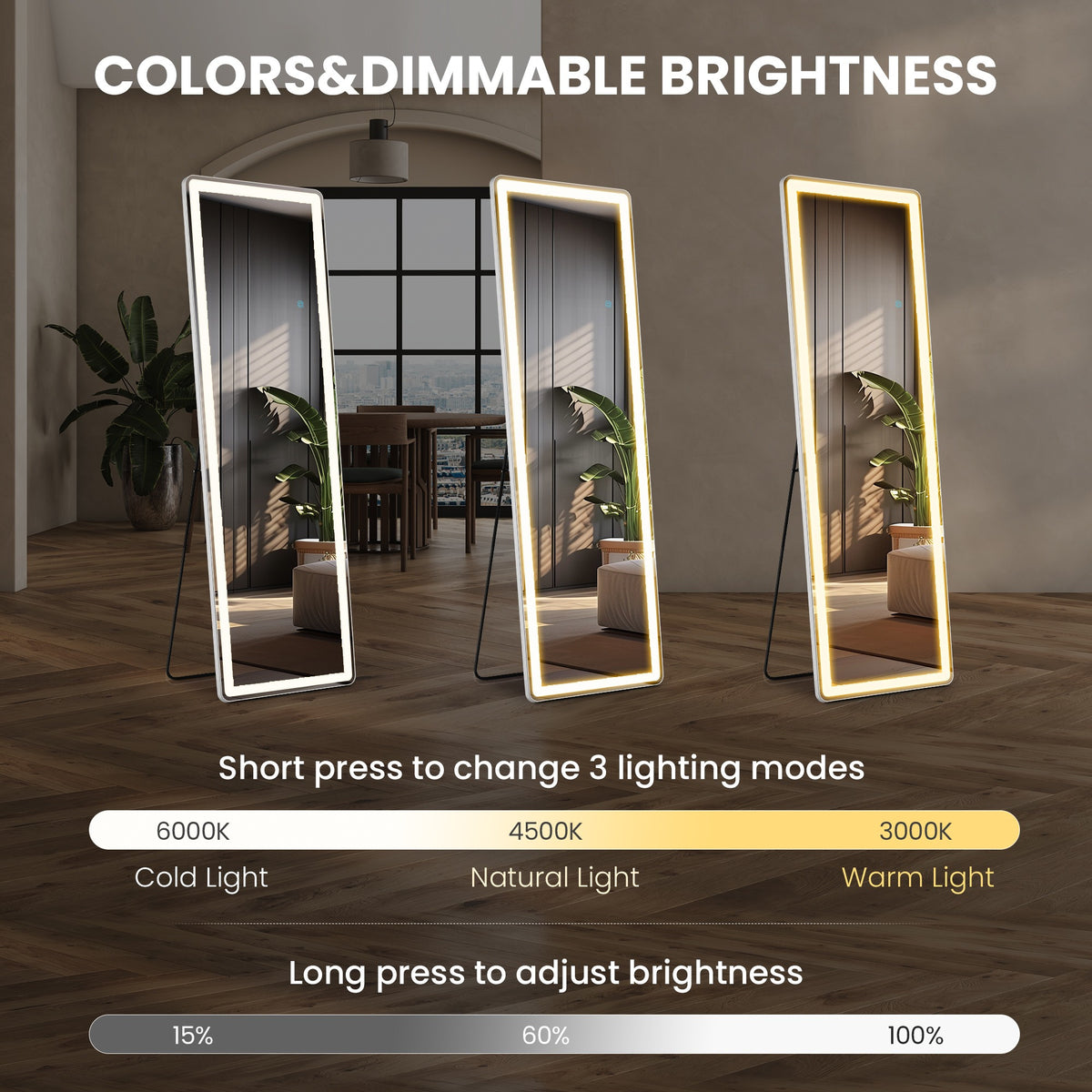 MCQ Arched/Rectangular LED Full Length Mirror, Full Body Floor Mirror Standing Hanging or Leaning Wall, Arch Wall Mirror with Stand Aluminum Alloy Thin Frame for Bedroom, Bathroom, Store