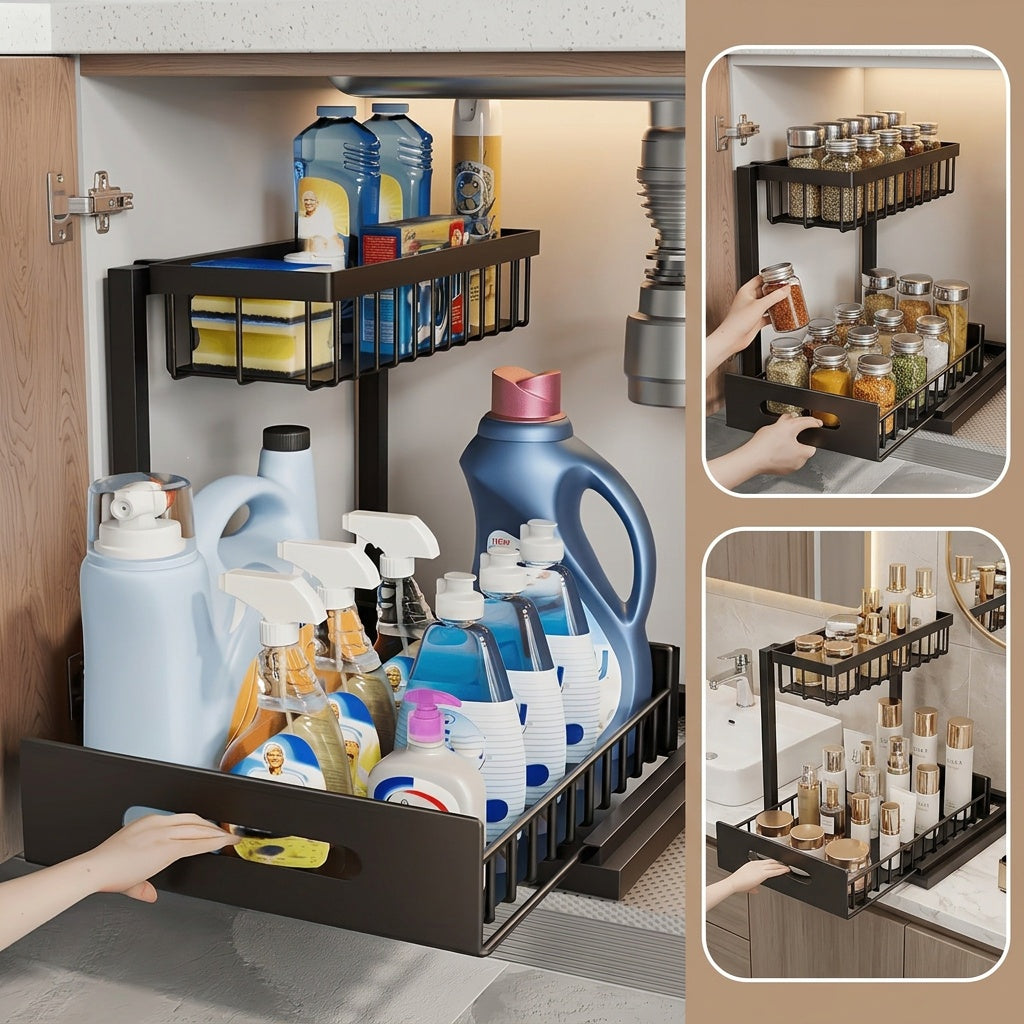 Under Sink Pull-Out Cabinet Organizer, Two-Tier Metal Storage Rack with Sliding Lower Basket in Black or White, 1 or 2 Units for Kitchen and Bathroom