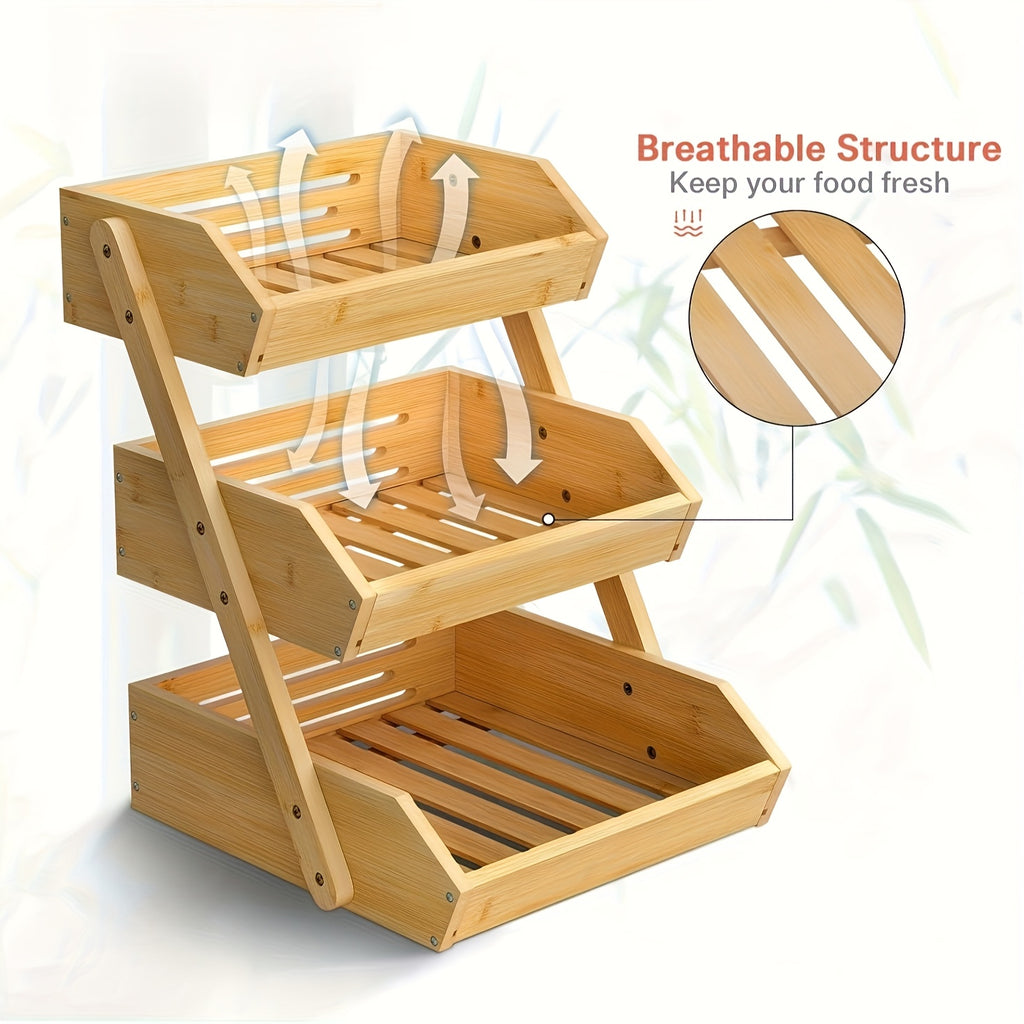 3/2-Tier Wooden Fruit Basket Stand - Large Capacity Kitchen Organizer with Open Slat Design for Vegetables, Bread & Produce | Multi-Level Countertop Storage Shelf - Easy Assembly & Natural Wood Finish