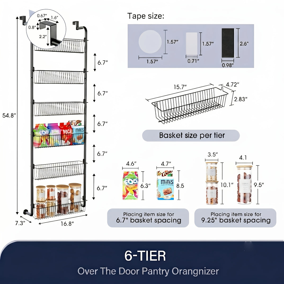 Pantry Door Storage Organizer, 6 or 8 Tier Metal Basket Rack in Black or White for Spices, Snacks, Kitchen Essentials, Laundry and Bathroom Supplies