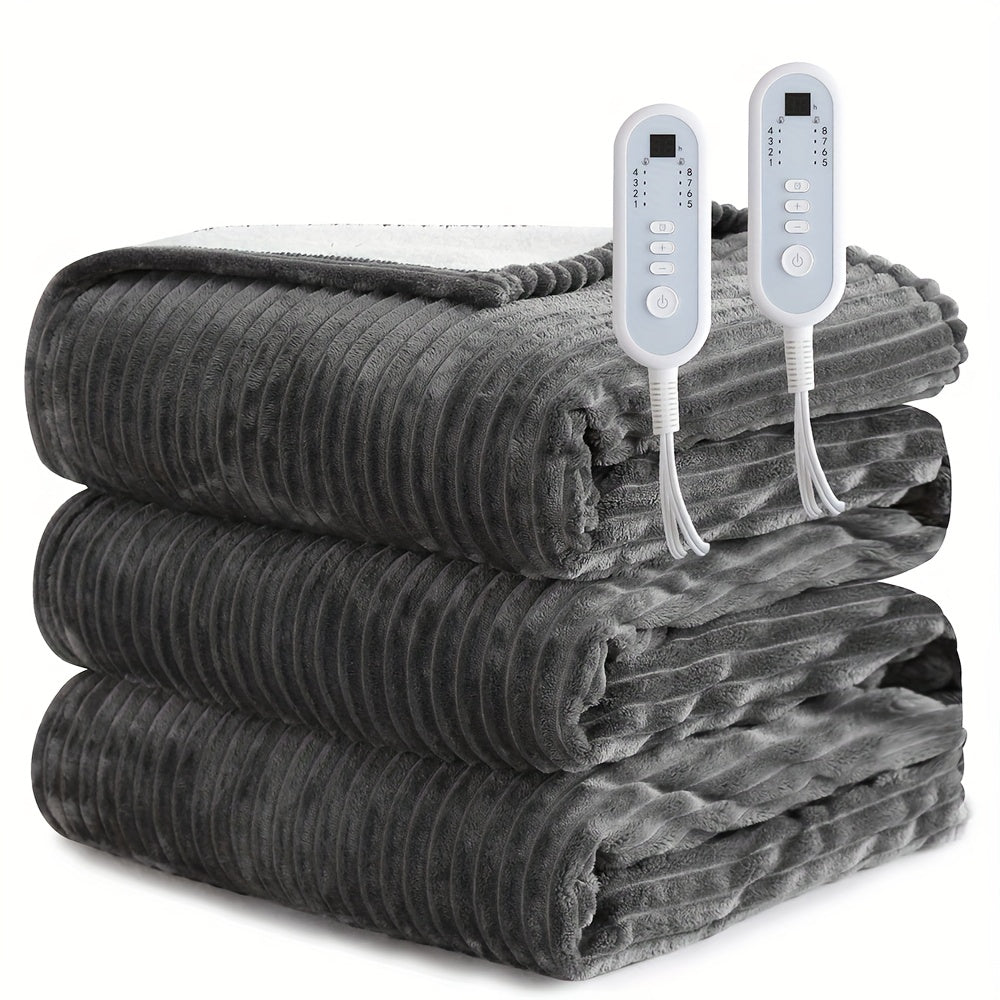 Extra Large Flannel And Electric Blanket with Time And Temperature Control, 10 Hour Auto-Off, 8 Temperature Levels, Queen/King Two Controllers, Throw/Twin/Full with 1 Controller, Machine Washable, PTC+NTC Overheat Protection