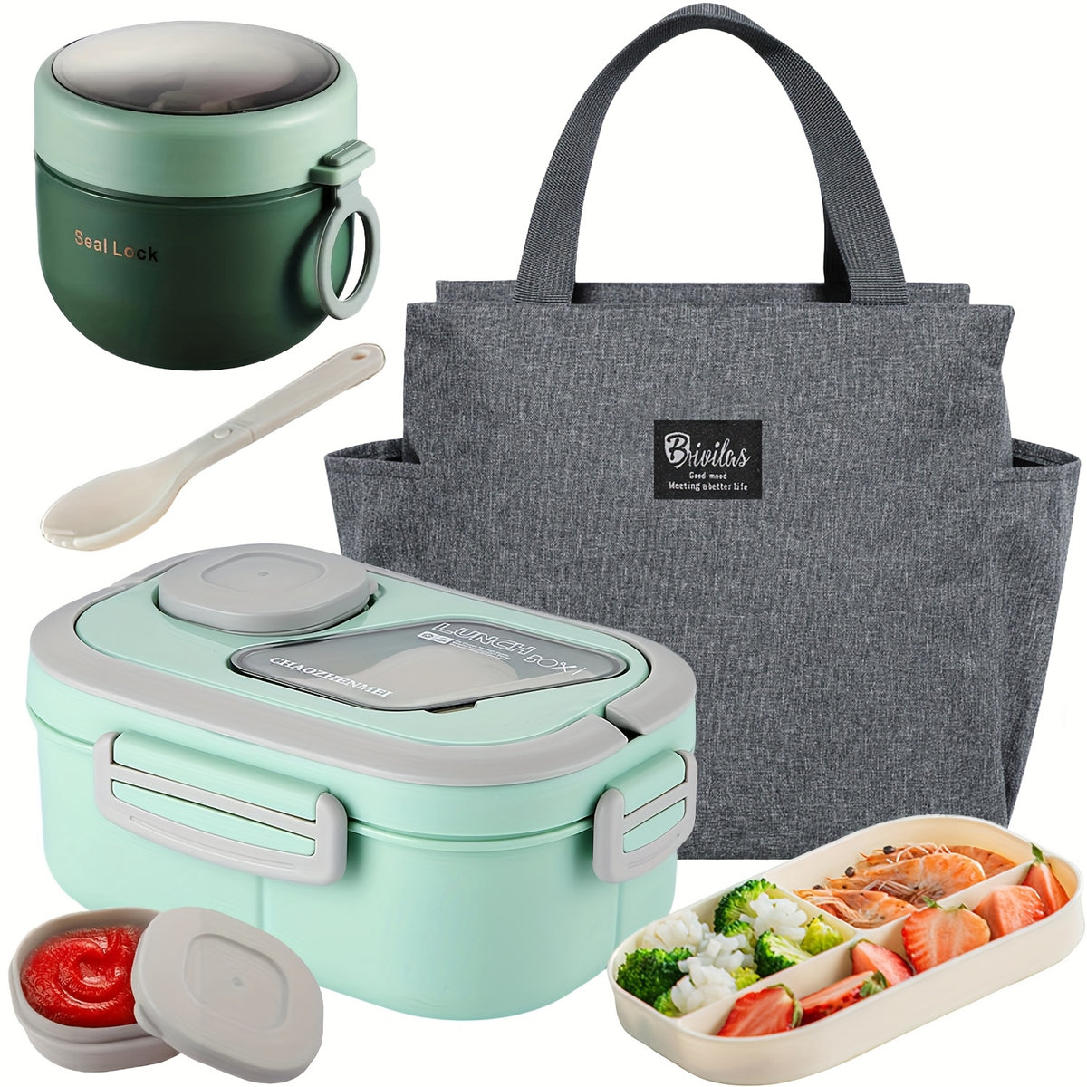Two Tier Bento Lunch Box, Divided Meal Container in Pink, Blue, Green or White with Optional Cup and Lunch Bag Sets for School, Office and Picnics