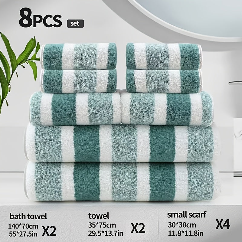 8pcs Set, No Hair Loss, Super Absorbent, Super Soft Two-Color Striped Interval Bath Towel Combination, Including 2 Large Bath Towels, 2 Large Face Towels, 4 Hand Towels