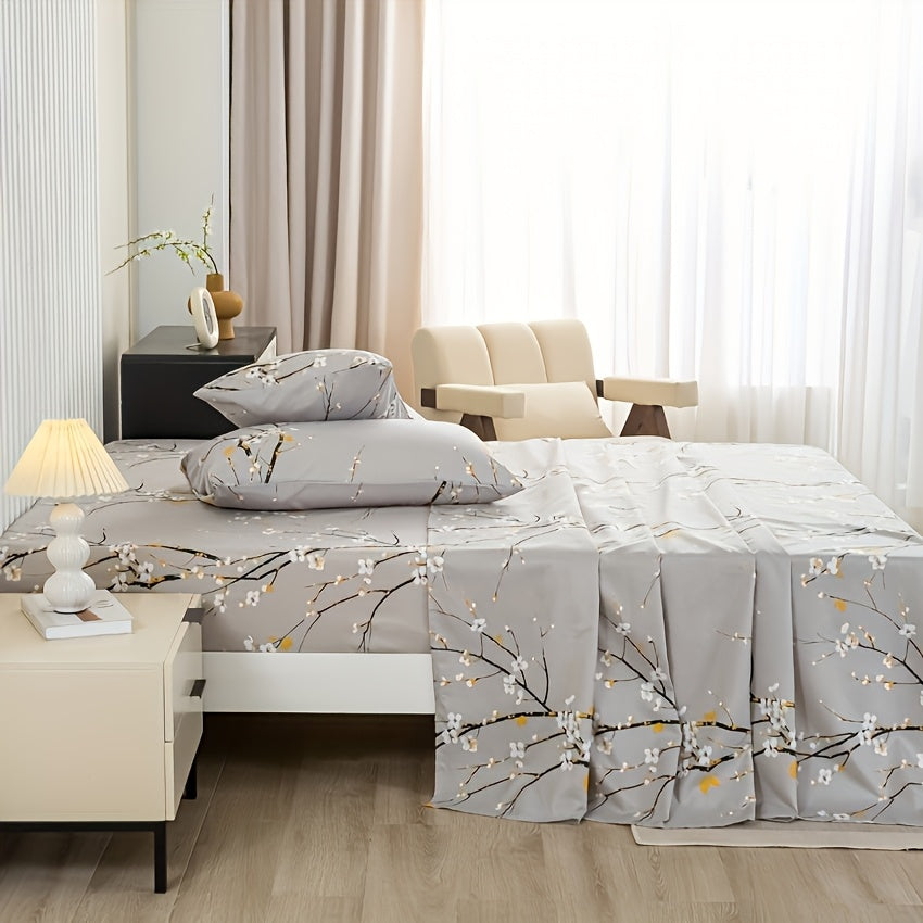 4pcs Multicolour Tree Branch Plum Blossom Sheet Protector Bed Sheet Pillowcase Four-piece Set (1 Bed Cap +1 Bed Sheet +2 Pillowcase Without Pillow Core), Deep Pocket In 15 Inch, Bedroom Dormitory High Definition Printing Room Decor